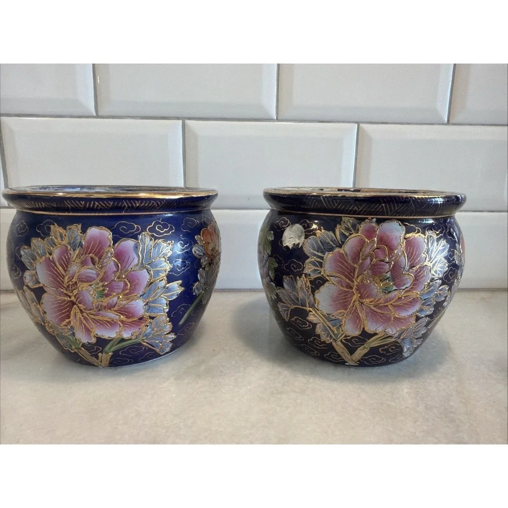 Set Of 2 Lemax Ceramic Flower Pot Vase blue pink Floral GardenGold Gilt 4